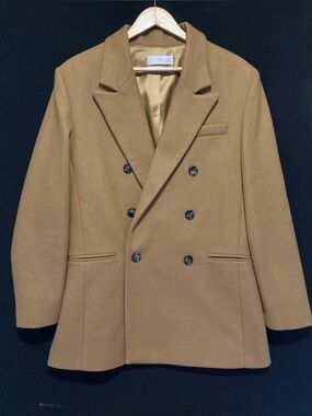 MNG Mango Double Breasted Wool Camel Color Winter Coat, Car Coat, Women's Large